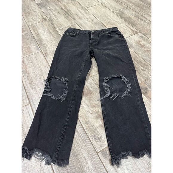 We The Free Denim - We The Free Free People Straight Leg Button Fly Black Distressed Jeans Size 28